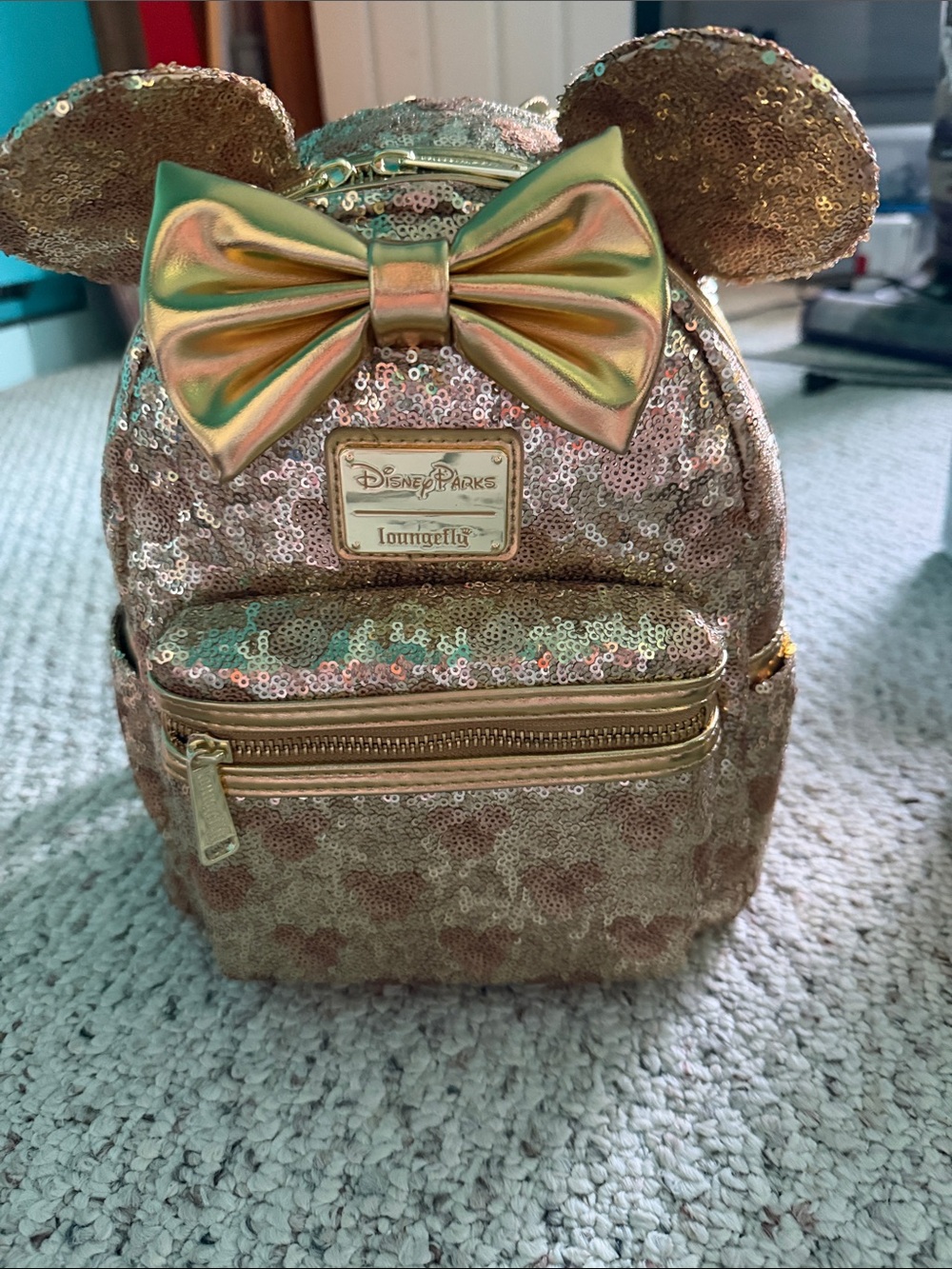 Disney Gold Sequin Mini Backpack with Metallic Bow & Ears